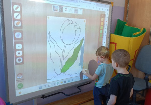 Dzieci kolorują obrazek tulipana na tablicy multimedialnej