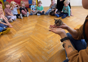 Dzieci siedzą w kole na podłodze i słuchają o życiu torbacza - lotopałanki
