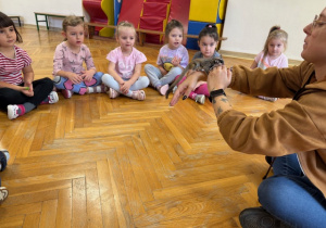 Dziecin siedzą na podłodze i słuchają o życiu zwierząt torbacza - lotopałanki