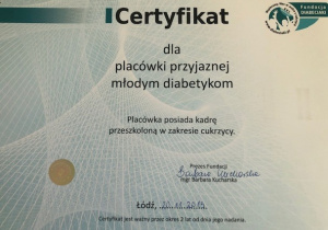 Certyfikat Placówki przyjaznej młodym diabetykom